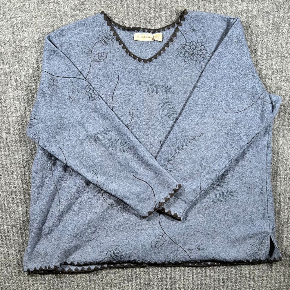 San Michelle Bay Fleece Top Womens Size 2X Blue Floral V-Neck Crochet Trim